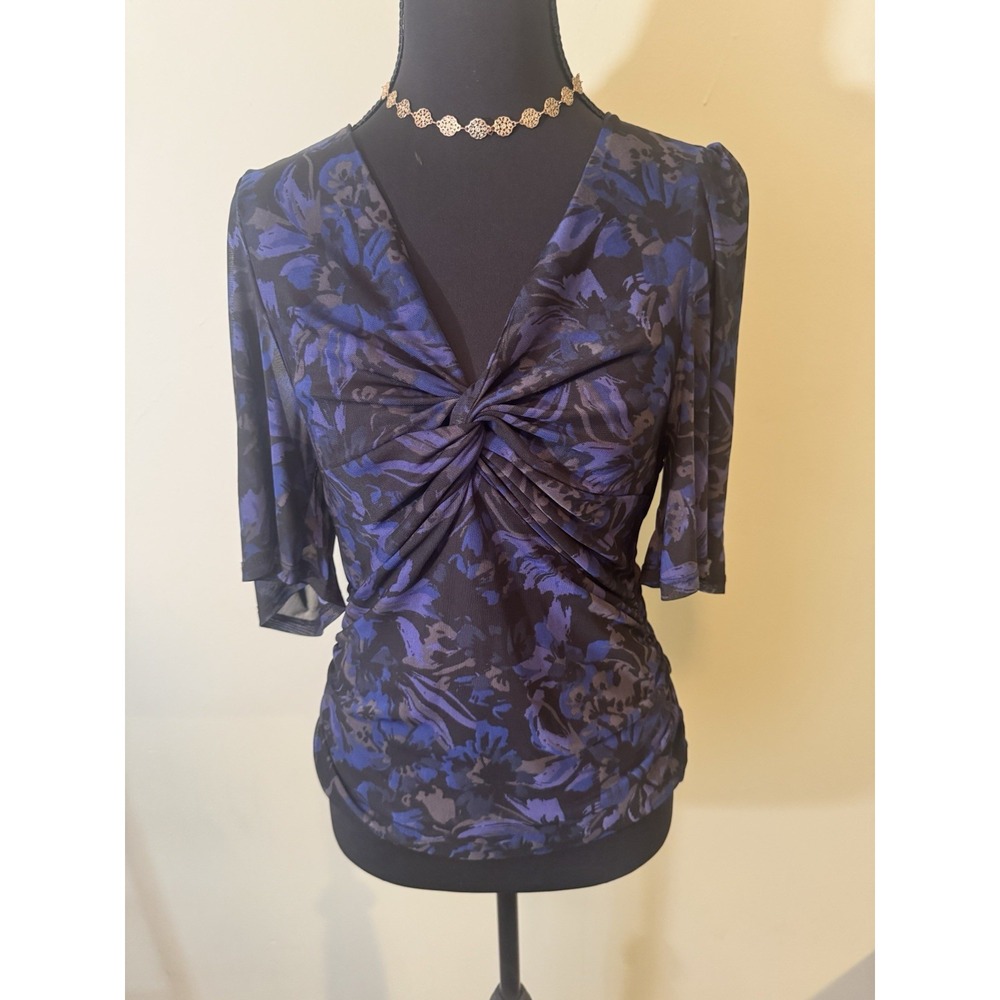 EVEREVE Y2K Top Dark Blue Floral Ruched Twist Front Sheer Flutter Sleeve Medium